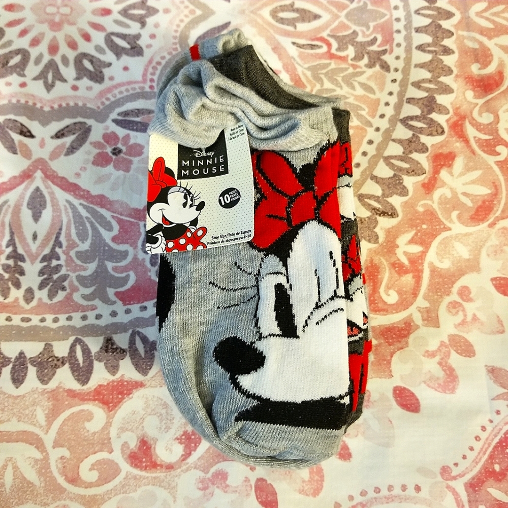 10 Pairs Disney Minnie Mouse Ankle No Show Socks Women's Shoe Size 4-10 Grey Red